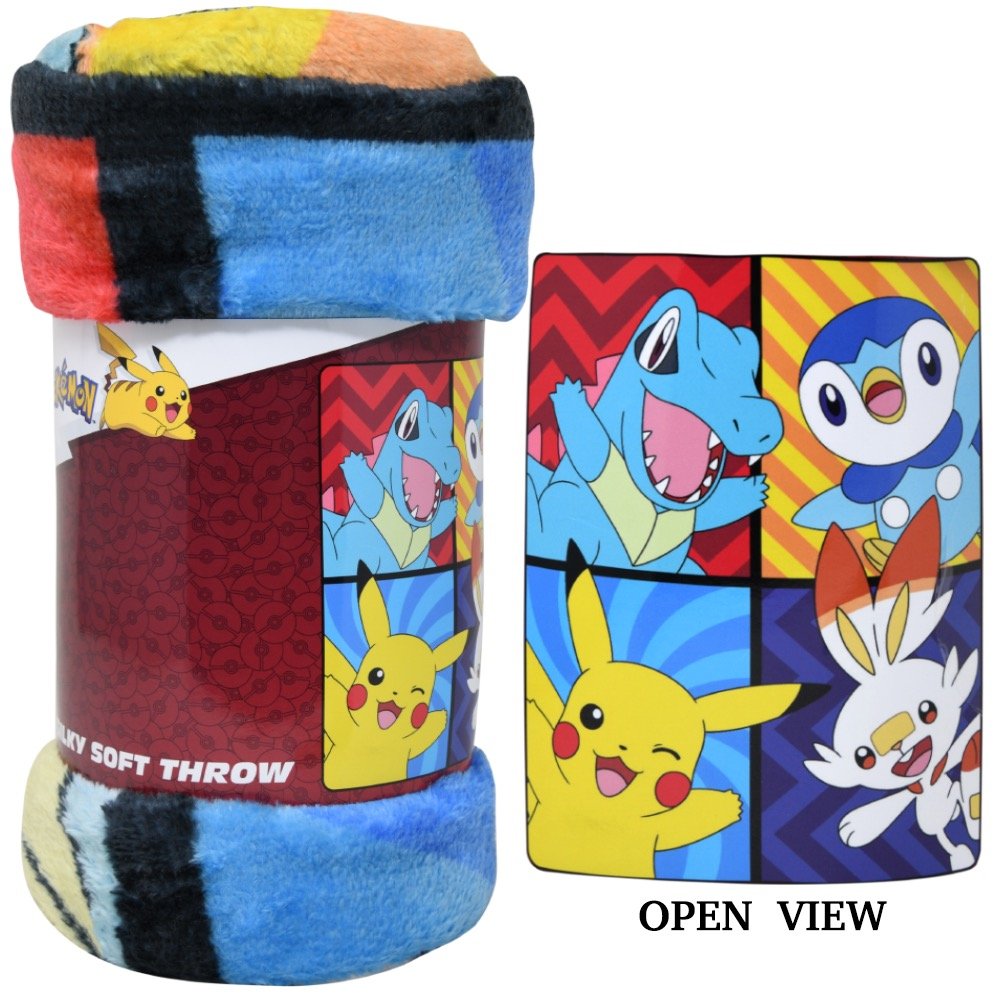 Pokemon Tododile, Pickachu, Piplup, and Scorbunny Silk Throw Blanket 46" x 60"