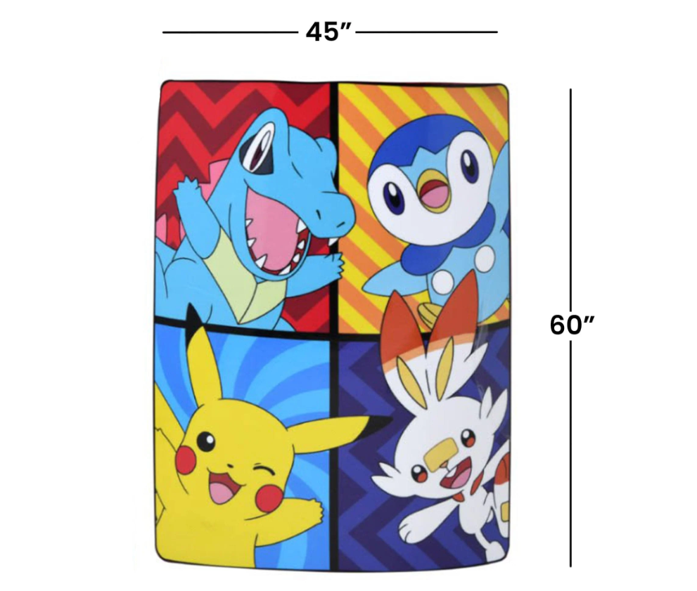 Pokemon Tododile, Pickachu, Piplup, and Scorbunny Silk Throw Blanket 46" x 60"